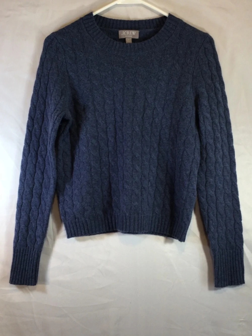 j crew women 100% cashmere cable knit sweater XS Blue Preppy Quiet Luxury Classi